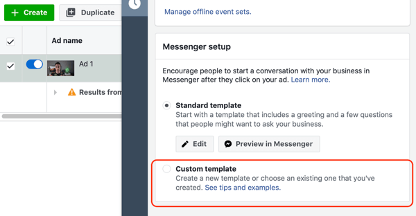 Cara menargetkan prospek hangat dengan iklan Facebook Messenger, langkah 10, opsi template kustom tujuan messenger