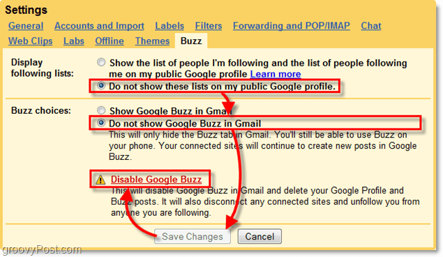 dalam pengaturan gmail klik tab google buzz