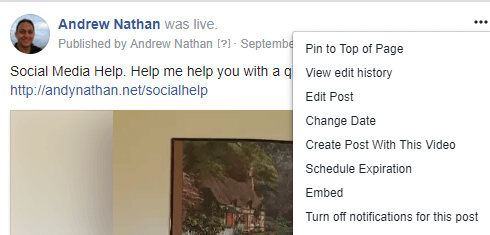 Untuk mendapatkan kode semat ke posting video Facebook Live, klik menu tiga titik dan pilih Sematkan.