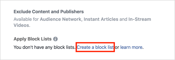 Di bagian Penempatan iklan Anda, klik Terapkan Daftar Blokir, lalu klik Buat Daftar Blokir.