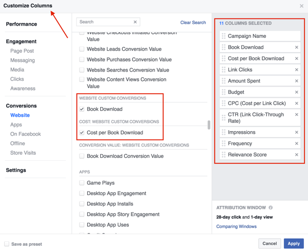 Pilih kolom yang ingin Anda tambahkan ke tabel hasil iklan Facebook Anda.