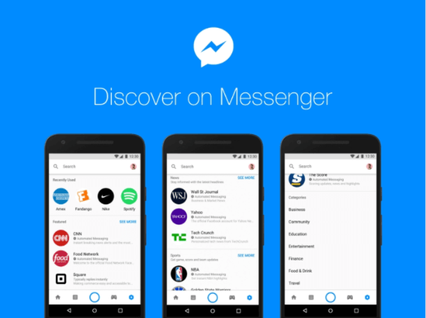 Pusat Discover baru Facebook dalam platform Messenger memungkinkan orang untuk menjelajahi dan menemukan bot dan bisnis di Messenger.