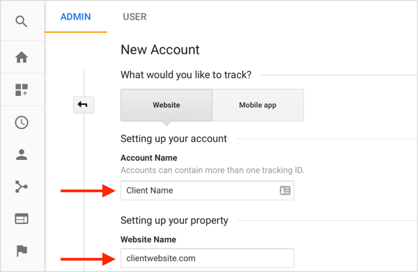 Isi informasi untuk membuat akun klien baru dari akun Google Analytics Anda.