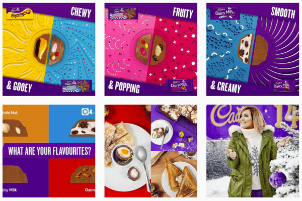 Umpan Instagram untuk Cadbury berfokus pada warna ungu ikonik mereka.