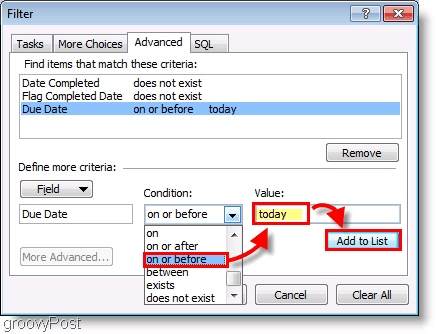 Tangkapan layar: Filter Pengaturan Bilah Tugas Outlook 2007 Hari Ini