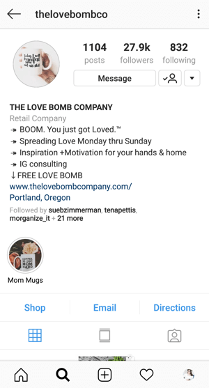 Contoh biografi profil bisnis Instagram dengan penawaran oleh @thelovebombco.