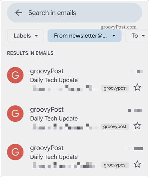 Hasil penelusuran aplikasi Gmail