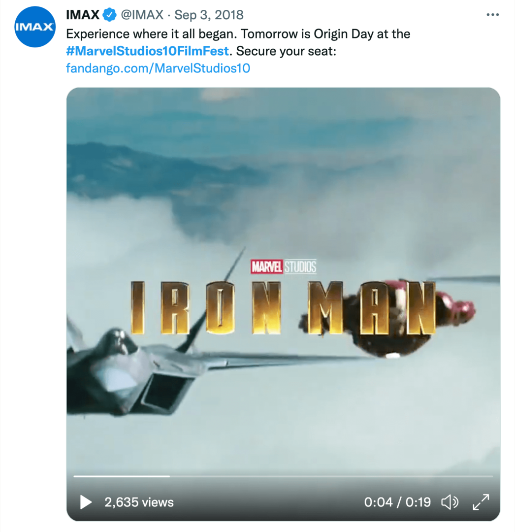 gambar tweet IMAX tentang festival film 10 tahun Marvel Studios