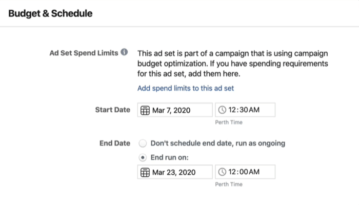 Bagian Anggaran & Jadwal di tingkat set iklan di Pengelola Iklan Facebook