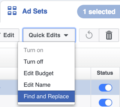 Di Power Editor, klik Quick Edits dan pilih Find and Replace dari menu drop-down.