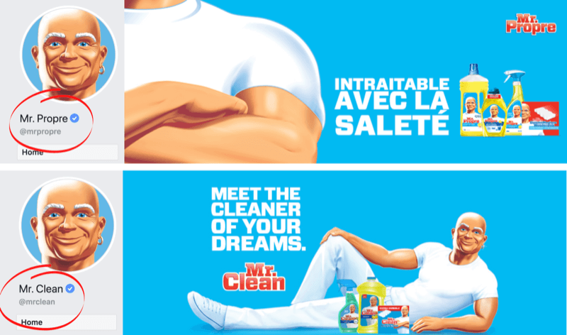 Halaman Facebook dan gambar sampul menunjukkan perbedaan bahasa untuk merek Mr. Clean di pasar Prancis / Belgia dan AS