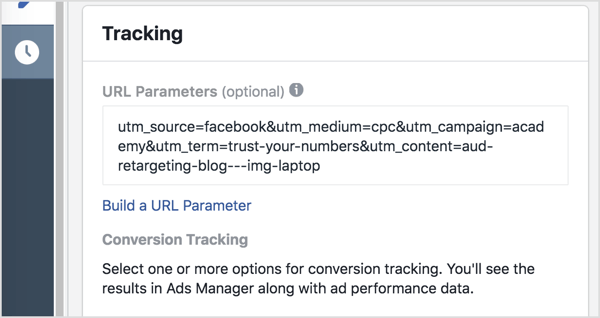 Di Manajer Iklan, tambahkan parameter pelacakan Anda (semuanya setelah tanda tanya) ke kotak Parameter URL.