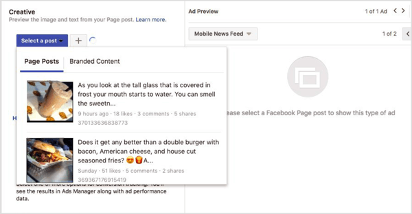 Pilih posting untuk iklan keterlibatan Facebook.