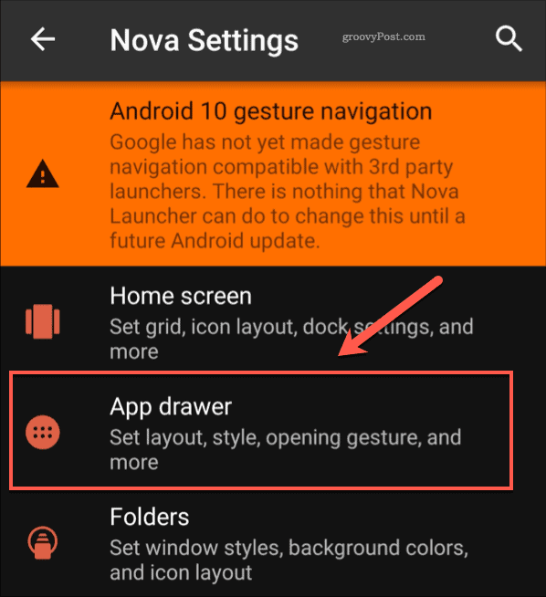 Opsi menu laci aplikasi Pengaturan Nova