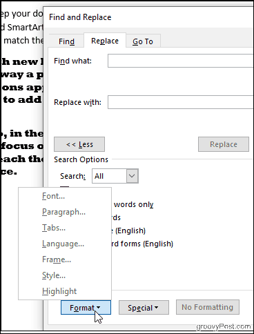 Klik Temukan Format di Word