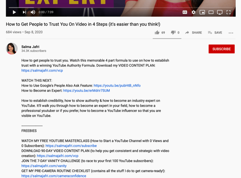 tangkapan layar dari catatan deskripsi video youtube dengan beberapa tautan ditambahkan untuk video youtube lainnya atau unduhan gratis