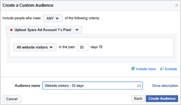 Pilih opsi untuk mengatur audiens khusus Facebook dari semua pengunjung situs web dalam 30 hari terakhir