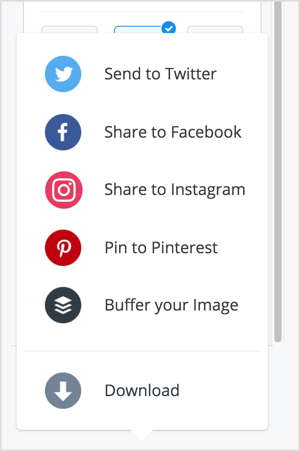Anda dapat membagikan gambar Anda ke Twitter, Facebook, Instagram, atau Pinterest melalui Pablo. 