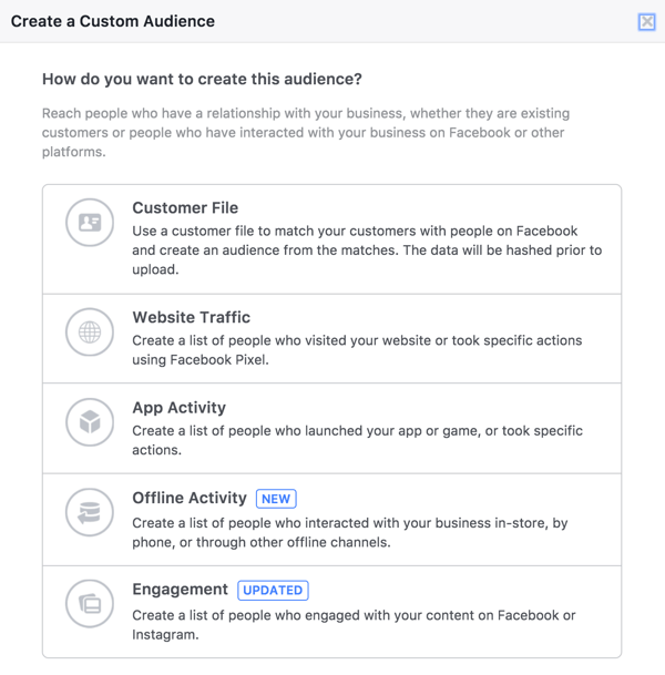 Di alat Audiens Facebook, pilih Keterlibatan untuk membuat audiens orang-orang yang telah menonton video langsung Anda.