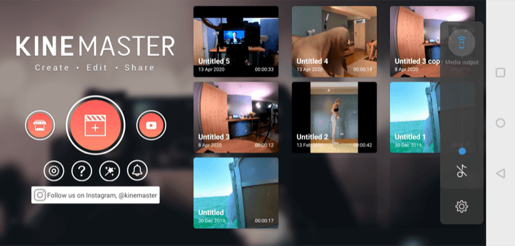 layar utama untuk aplikasi seluler KineMaster