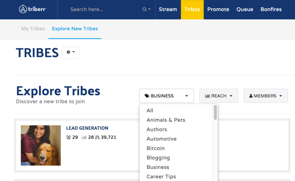 Buka tab Suku untuk mencari suku untuk bergabung di Triberr.