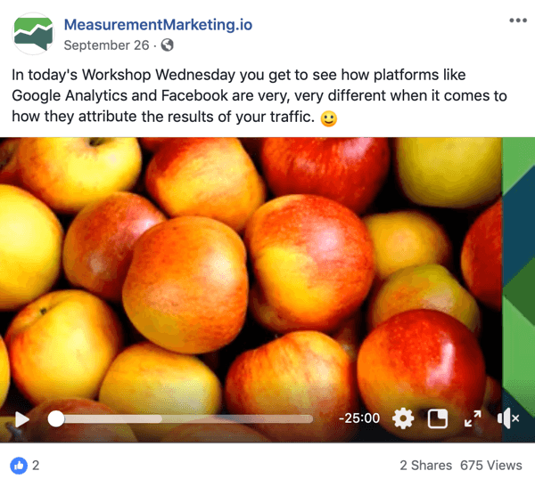 Ini adalah tangkapan layar dari postingan Facebook dari halaman MeasurementMarking.io. Postingan tersebut juga menampilkan video yang mempromosikan lead magnet Workshop hari Rabu Chris Mercer. Pengguna yang menonton atau mengklik video mungkin telah menyelesaikan tujuan kesadaran.