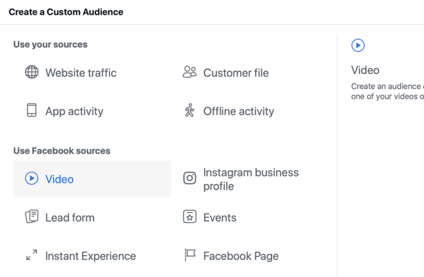 Cara mempromosikan acara langsung Anda di Facebook, langkah 8, buat audiens khusus di Pengelola Iklan Facebook berdasarkan tampilan video
