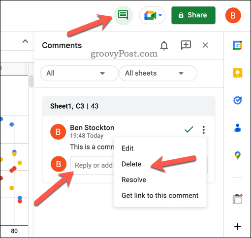 Tanggapi, edit, selesaikan, atau hapus komentar di Google Spreadsheet