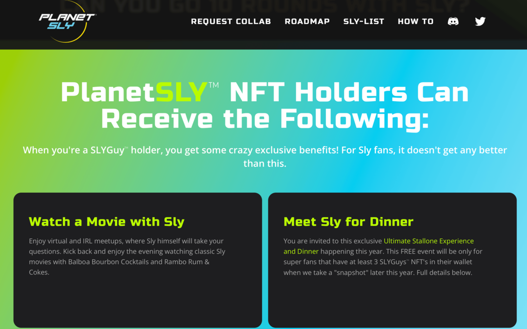 gambar situs PlanetSly yang menjelaskan manfaat bagi pemegang SLYGuy NFT