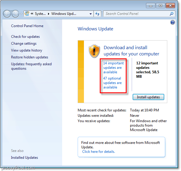 Windows 7 - Screenshot Halaman Pembaruan Windows
