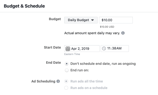 Cara membuat iklan jangkauan Facebook, langkah 4, anggaran, dan pengaturan jadwal iklan