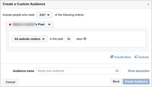 Kotak dialog Buat Audiens Kustom Facebook memiliki opsi untuk menargetkan iklan ke semua pengunjung situs web dalam beberapa hari tertentu.