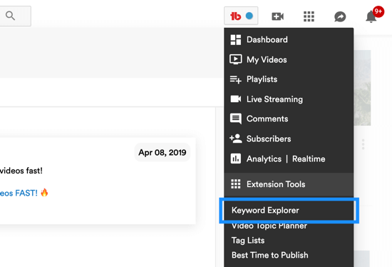 Cara menggunakan serial video untuk mengembangkan saluran YouTube Anda, opsi menu untuk alat penjelajah kata kunci TubeBuddy