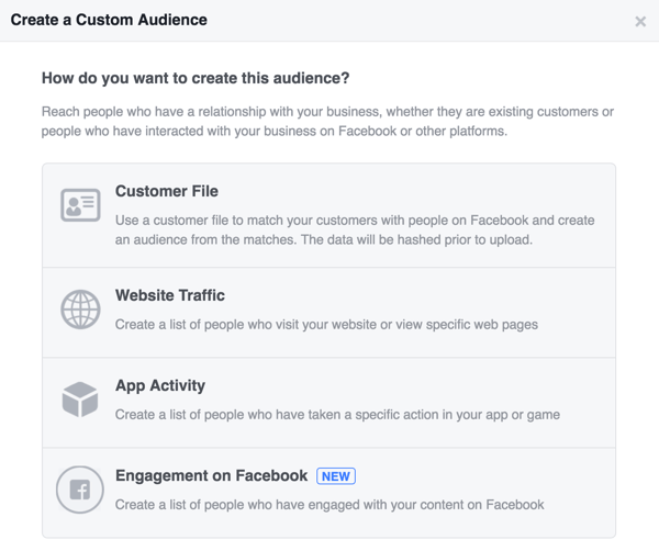 Pilih bagaimana Anda ingin membuat audiens kustom Facebook Anda.