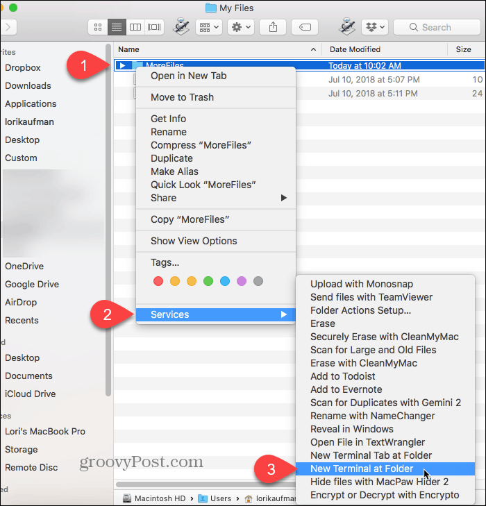 Pilih Terminal Baru di Folder pada Mac