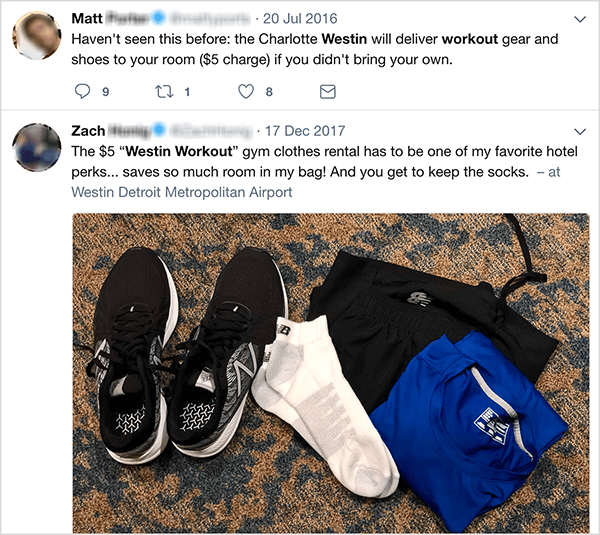 Ini tangkapan layar tweet tentang program penyewaan pakaian olahraga Westin. Jay Baer mengatakan program persewaan adalah contoh pemicu bicara.