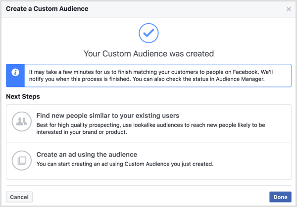 Pesan Audiens Kustom Anda Dibuat yang muncul setelah Anda membuat audiens kustom Facebook
