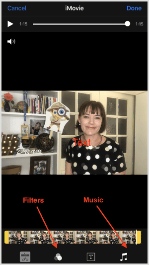 Ketuk alat di bagian bawah layar untuk menambahkan filter dan musik di iMovie.