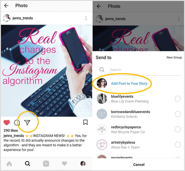 Cari opsi Add Post to Your Story untuk melihat apakah Anda memiliki akses ke fitur berbagi ulang Instagram.