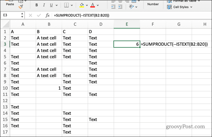 Menggunakan SUMPRODUCT dengan ISTEXT di Excel