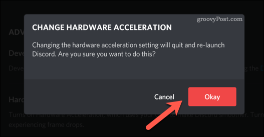 Mengonfirmasi perubahan pada pengaturan akselerasi perangkat keras Discord