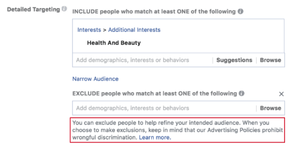 Facebook meluncurkan permintaan baru yang mengingatkan pengiklan tentang kebijakan anti-diskriminasi Facebook sebelum mereka membuat kampanye iklan dan saat menggunakan alat pengecualiannya.
