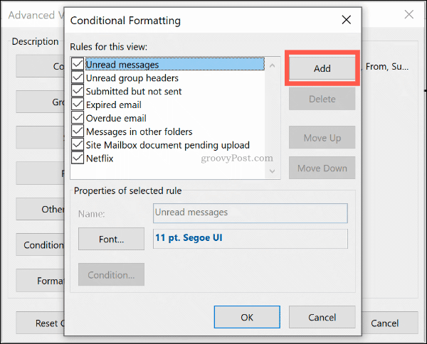 Klik Tambahkan untuk menambahkan aturan format bersyarat baru di Outlook