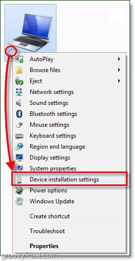 di menu konteks komputer windows 7 Anda dan turun ke pengaturan instalasi perangkat