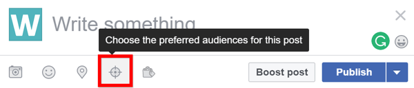 Untuk melihat apakah pengoptimalan audiens diaktifkan untuk halaman Facebook Anda, cari ikon penargetan saat Anda membuat postingan baru.