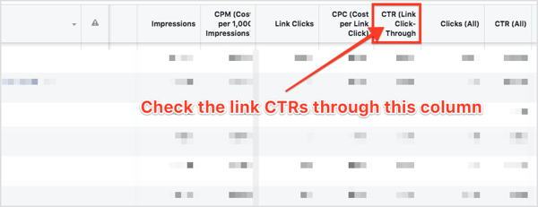 Di bagian Ad Sets pada dashboard Anda, scroll ke kanan dan temukan kolom CTR (Link Click-Through).