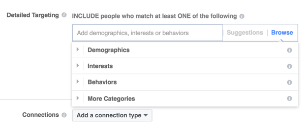 Facebook menawarkan tiga kategori penargetan utama.