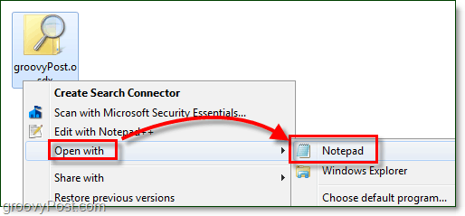 buka konektor pencarian dengan notepad untuk mengeditnya di windows 7