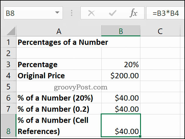 Persentase angka, ditunjukkan dalam Microsoft Excel