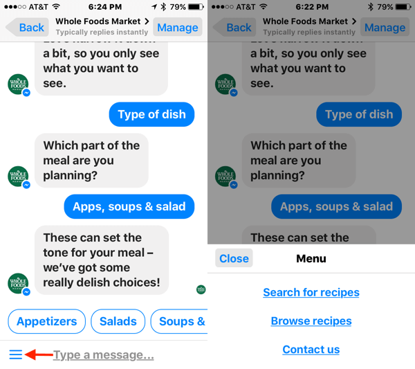 Menyertakan menu penjelajahan di chatbot Anda memudahkan pengguna untuk menemukan informasi yang mereka cari.